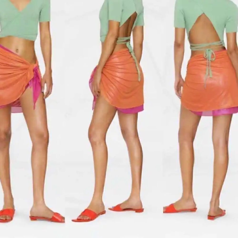 Nwt Oseree Swimwear | Lam Double Mini Pareo Skirt In Orange & Fuscia Size M/L